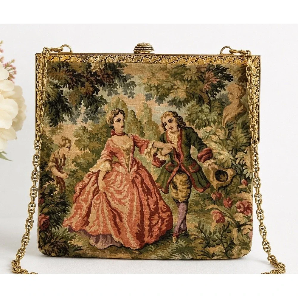Vintage Delill Tapestry Frame Kisslock Clutch Bag Chain Strap French Rococo 50s